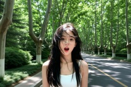 绿荫道路 清纯美女 惊讶表情 4K壁纸
